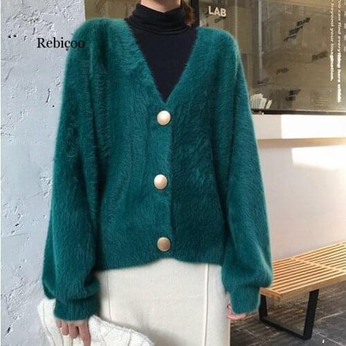 Womens Sweater Fashion New AutumnWinter New Loose V-neck Knit Cardigan Sweater