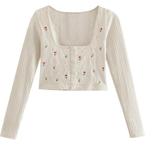 Za Women Square Collar Flower Embroidery Long Sleeve Sweater Ladies Short Slim Knit Top Vintage Top Female Chic Cardigan