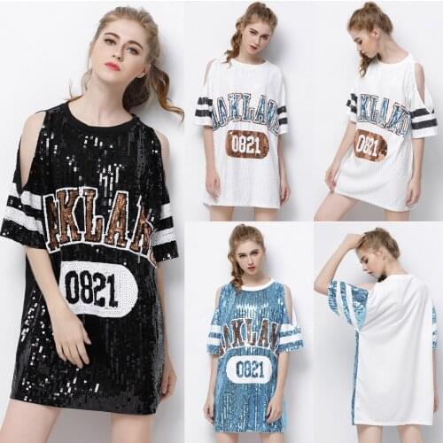 Summer Casual Fashion Straight Letter Number Knee-length O-neck Off Shoulder One Size Black White Blue Sequin Women Dress 9947
