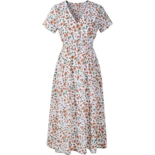 Summer Boho Dress Women Floral Print Vintage Chiffon Midi Dress Plus Size Casual Dots Elastic Waist Short sleeve Beach Dresses