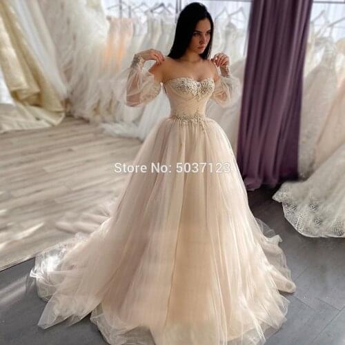 2020 Charming Champagne Tulle Wedding Dresses Beaded Appliques Sweetheart Neckline Corset Back Chic Bridal Wedding Party Gowns
