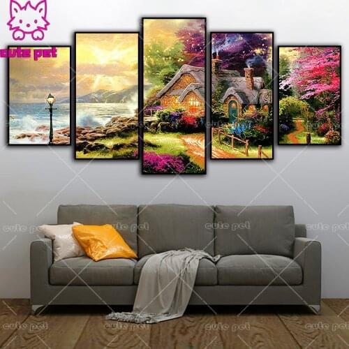 Diy diamond painting Seaside scenery house Cross Stitch Draw full square drill diamond embroidery rhinestone mosaic puzzle 5PCS