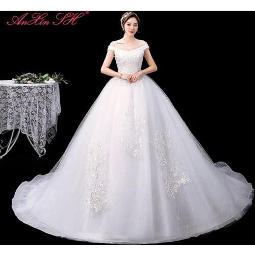 AXJFU princess flower lace white wedding dress party vintage boat neck ruffles beading bride white long sparkly wedding dress