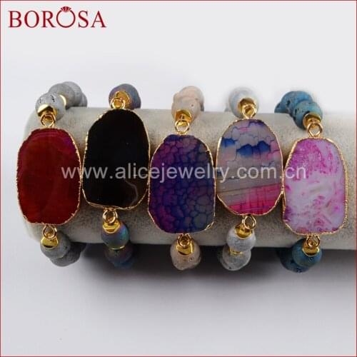 BOROSA Gold Color Rainbow Fire Onyx Stone Charm Connector With 10mm Titanium Druzy Stone Beads Beaded Drusy Bracelets G1432
