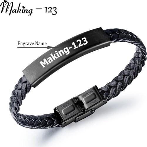 Making-123 DIY Letter Stainless Steel Bracelet Men Bangle Vintage Engrave Name Black Braid Woven Leather Bracelet Jewelry Gifts