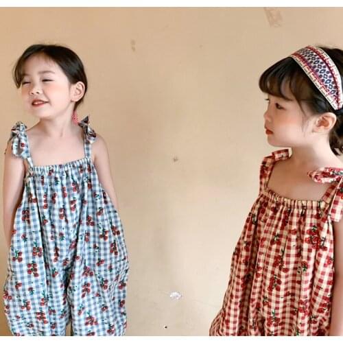 Childrens Trousers 2021 Summer New Korean Girl Print Suspenders Pants Childrens Girls Plaid Jumpsuits Toddler Girl Overalls