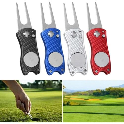 Golf Divot Tool Foldable Non-Slip Stainless Steel Switchblades Pitch Grooves Repair Cleaner Golf Accessories