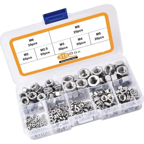 315PCS/Box Hex Hexagon Nuts Assortment Kit M2 M2.5 M3 M4 M5 M6 M8 Stainless Steel Metric Hex Nuts Set DIN934