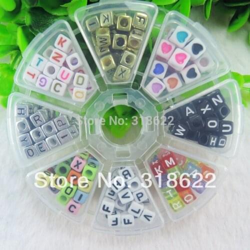 New 8Models Mixed beads,Box Packed, 80g Assorted Alphabet Letter Cube Acrylic Loose Beads, DIY Jewelry Materials