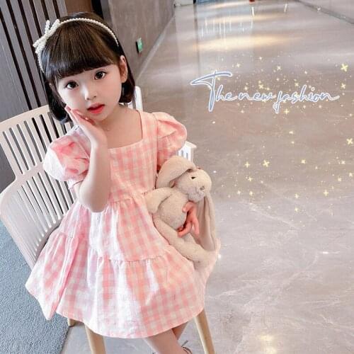 LISUNNY 2021 Summer Girls Dress Casual Style Children Plaid Dress Bow-knot Princess Dress Vacation Outdoor Kids Clothing