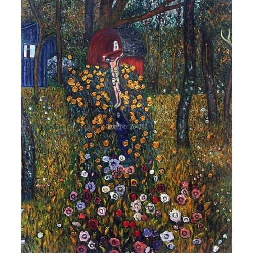 Handpainted Canvas Oil Painting - Cottage Garden with Crucifix by Gustav Klimt Painting Reproductions for Home Decoration