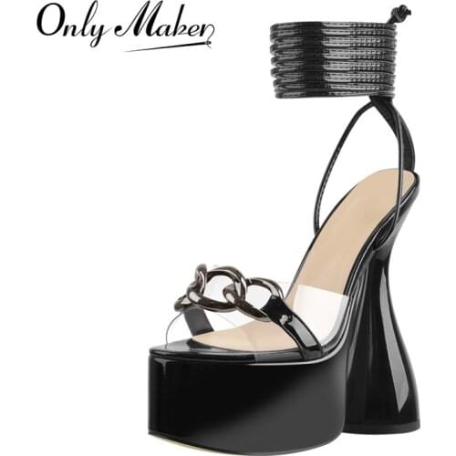 Onlymaker Summer Platform Sandals Lace Up Open Toe Spike High Heels Patent Leather Black Ankle Strap Metal Decoration Big Size