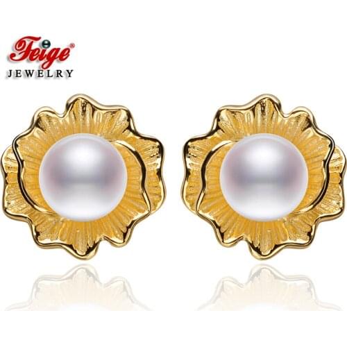 Golden Flower 925 Sterling Silver White Natural Freshwater Pearl Fashion Stud Earrings Women Party Jewelry Gifts Wholesale FEIGE