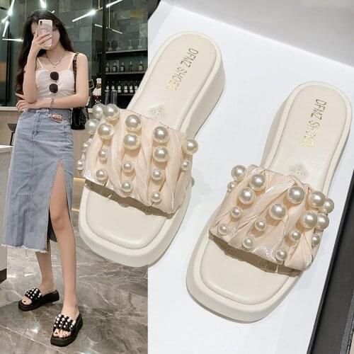 Chic Thicken soled string bead slippers women platform sandals summer modern shoes woman creepers satin pearl slides femme 2021