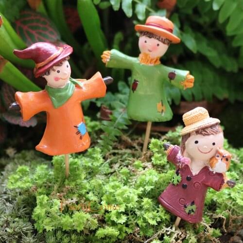 FairyCome Miniature Scarecrow Girl Boy Baby Mini Resin Scarecrow Pick Fairy Garden Figurine Fall Miniature Garden Decor Ornament