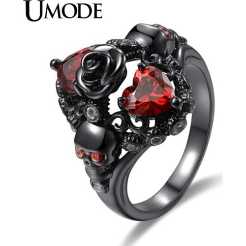 UMODE New Red Heart Zircon Crystal Skeleton Rings for Women New Black Gun Gold Rose Flowers Jewelry Gift Ring Bands AUR0509