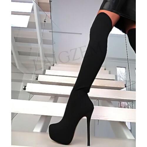 LAIGZEM Women Faux Suede Black Over the Knee Boots Platform Side Zip Party Heeled Boots Shoes Botines Mujer Botas Big Size 19