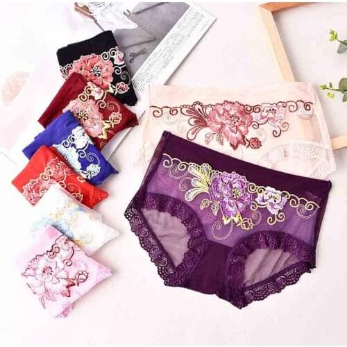 Peony Flower Embroidery Lace Panties Female Soft Breathable Comfortable Cotton Crotch Underwear Sexy Seamless Elastic Briefs