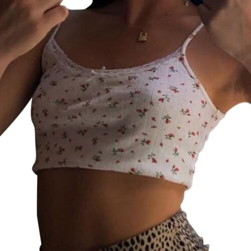 Women Sexy Sleeveless Lace Vest, Spaghetti Strap Crop Top, Floral Print Tank Top