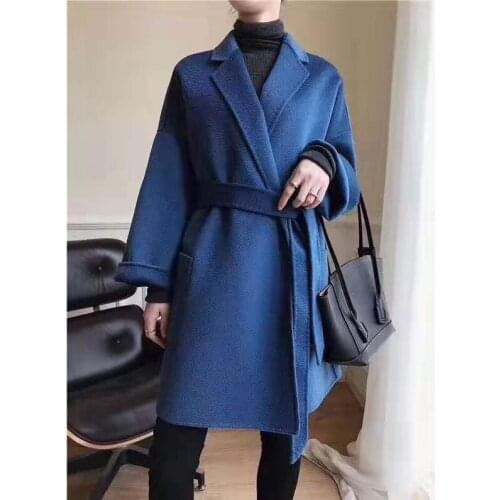 Womens Lightweight Wool Trench Coat With Belt Fall Winter High Quality Vintage 100% Real Wool Crinkle Loose Coat
