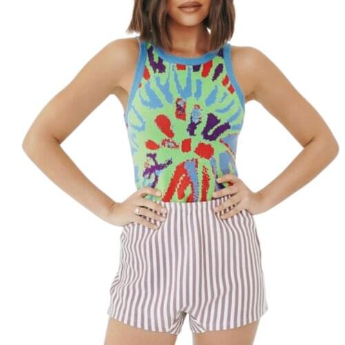 Women Knitted Vest, Variegated Color Round Collar Sleeveless Off-the-shoulder Tops, S/ M/ L