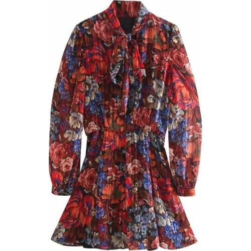 Evfer Chic Ladies Autumn Floral Print Za Red Pleated Short Dresses Womens Fashion Bow Collar Puff Sleeve High Waist Dress Chic