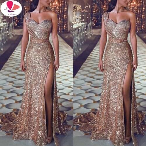 2019 Spring Summer Sexy Club Wear Party Dress Womens Pink Gold Knot V Neck Twist Front High Slit One Shoulder Sequin Maxi Dress