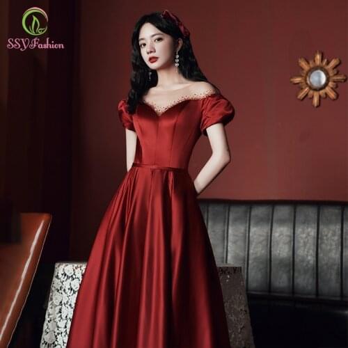 SSYFashion New Bride Wine Red Satin Evening Dress Puff Sleeve Floor-length Elegant Banquet Party Formal Gown Vestido De Festa