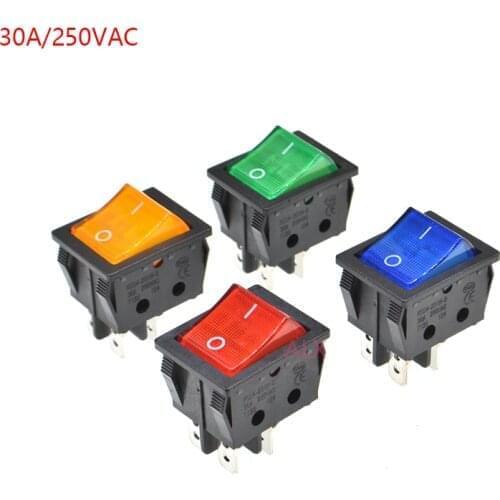 5PCS KCD4 4 PIN Push Button rocker Switch with red blue green yellow led light ON/OFF power switches 30A/250V 25*31MM 25*31