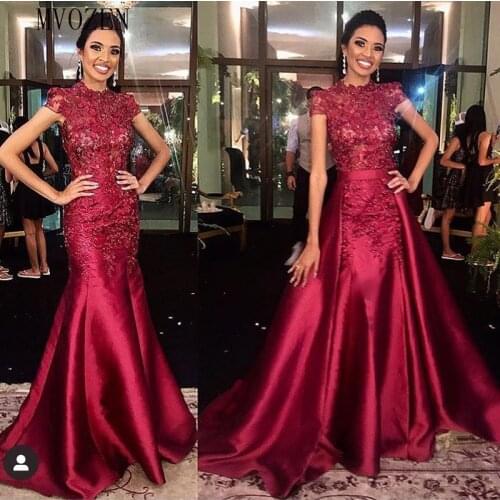 Burgundy Mermaid Evening Dresses Long Jewel Neck Lace Embroidery Beaded Floor Length Evening Dress Formal Gowns Vestidos