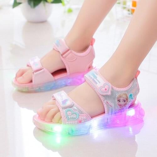 Disney childrens sandals fashion princess girls casual sports student led flashing light bottom running breathable sandals