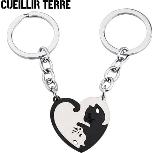 2021 Fashion Stainless Steel Creative Keychain Heart Shaped Cat Stitching Keychain Couple Commemorate Jewelry Boy Gift Key Ring
