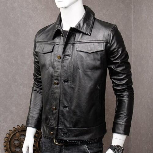 Mens Biker Cow Leather Coat Single Breasted Short Slim Fit Real Leather Jacket Male Cowhide Business Work Casual Outwear Coat