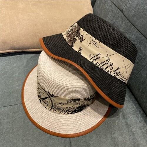 Sun Hats for Women Straw Ribbon Women Bucket Hat INS Summer Female Cap Visors Wide Brim Flat Top Beach Hat for Lady 2021 New