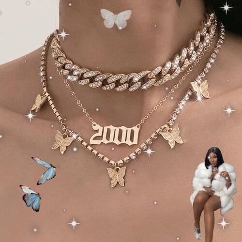 Punk Multi Layer Number Butterfly Pendant Necklace For Women Vintage Charms Y2K Hip Hop Choker Necklace Gossip Girl Jewelry Gift
