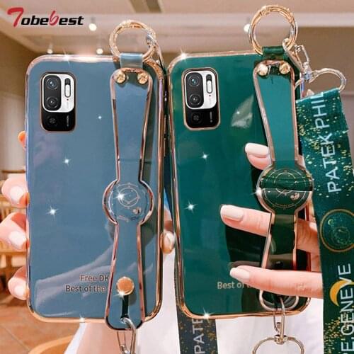Lanyard Wrist Strap Hand Band Plating Silicone Case For Xiaomi Redmi Note 10 10S Pro Max 4G 5G Coque Soft TPU Cover