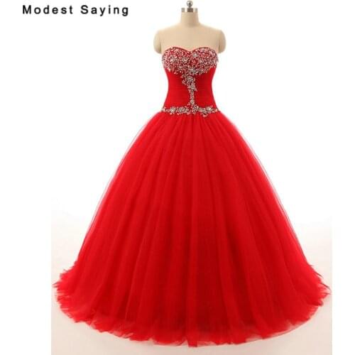 Sexy Red Ball Gown Sweetheart Beaded Evening Dresses 2017 with Tulle Skirt for Christmas Prom Gown vestido madrinha de casamento