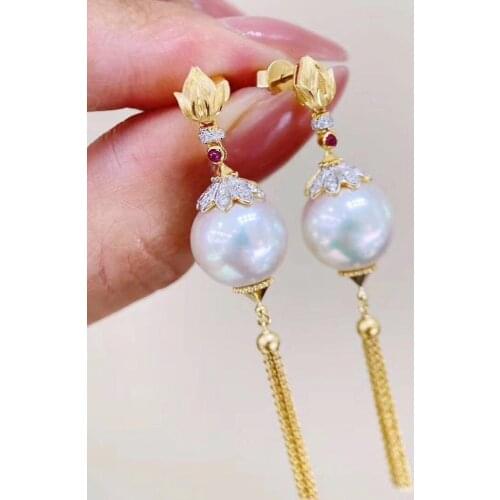 D511 Pearl Earrings Fine Jewelry 925 Sterling Silver Round 10mm Nature Fresh Water White Pearls Tassel Drop Dangle Earrings