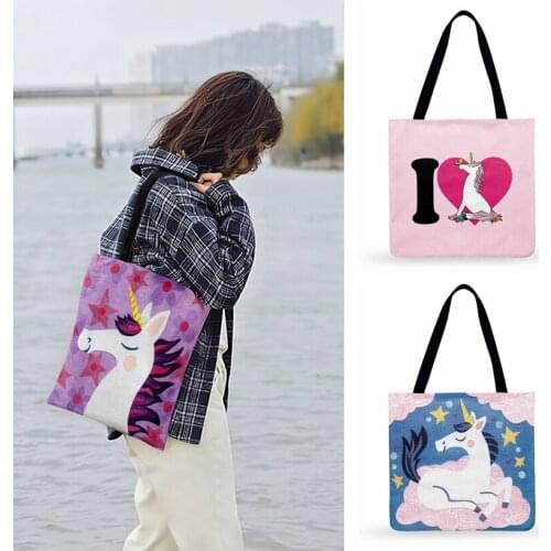 Foldable Shopping Bag Funny Cartoon Unicorn Illustration Print Tote Bag For Women Casual Tote Ladies Shoulder Bagbeach Tote