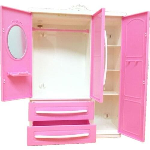 Three-door Pink Modern Wardrobe Play set for Barbi Furniture Can Put Shoes 24BE
