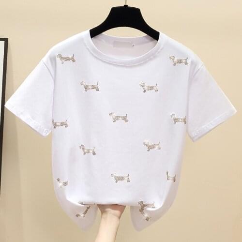 2021 Korean T shirt Women Short Sleeve Clothes Diamond Cotton Casual White Female T-Shirt Summer Tops Black Tee Shirt