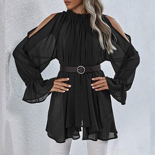 Women Off Shoulder Black Chiffon Blouse Long Autumn Ruffle Irregular Flare Sleeve Office Lady Half-high Collar Blouse Tops 2021
