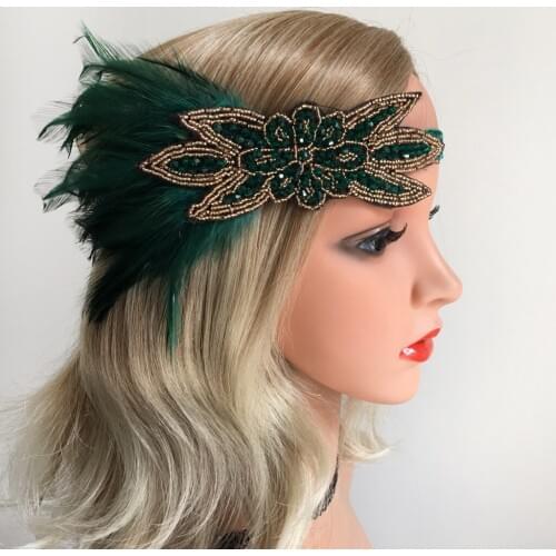 Womens Vintage Feather Headpiece 1920s Flapper Headband, Green
