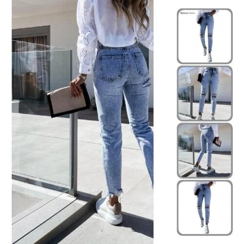 Lady Casual Ripped High Waist Denim Pants Summer Autumn Ripped Jeans Broken Holes for Club