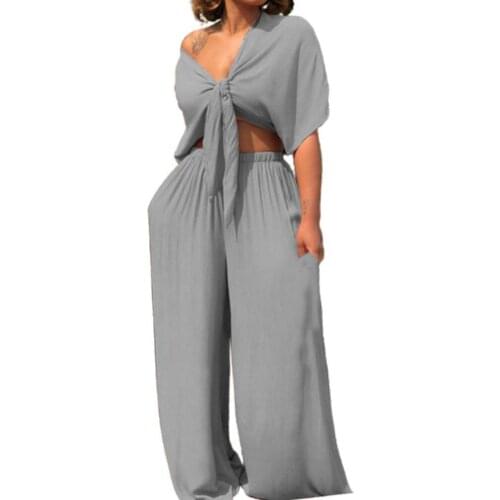 2021 Summer Fashion New Solid Color Women Outfit Wide Leg Two Piece Set Elastic Waist Pants Crop Top Set Streetwear Breathable