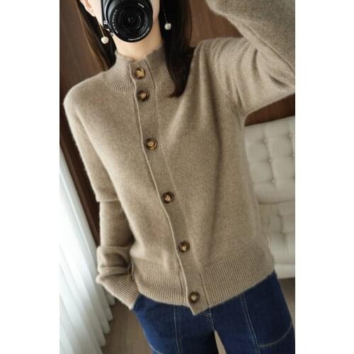 Zocept Spring Autumn Women Merino Wool Sweater Cardigans Office Lady Half High Collar Single Breasted Knitted Female Cardigans