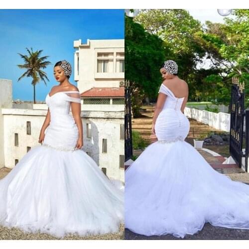 Plus Size Mermaid Wedding Dresses African One Shoulder Ruched Beaded Sexy Open Back With Button Sweep Train Bridal Gowns