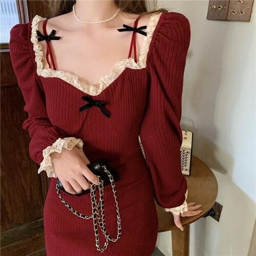 Women Vintage Red Black Cute Bow Spaghetti Ruffles Lace Square Elegant Bodycon Mini Knit High Waist Dress Korean Party Lolita