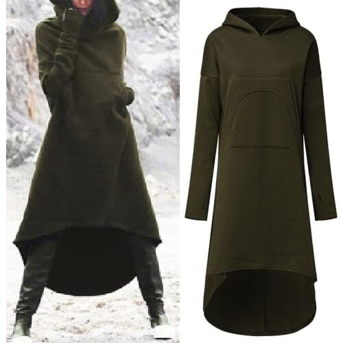 2021 Winter ZANZEA Women Casual Hooded Long Sweatshirt Dress Fashion Solid Long Sleeve Pockets Basic Loose Pullover Vestido