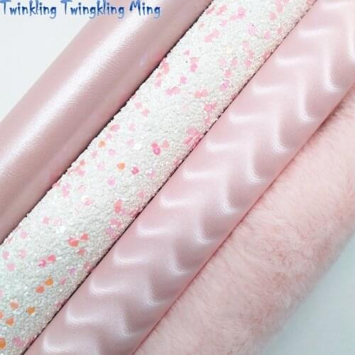 White Glitter with Pink Hearts, Wave Pearlized Synthetic Faux leather, Immitation fur fabric 21x29CM Twinkling Ming KM486